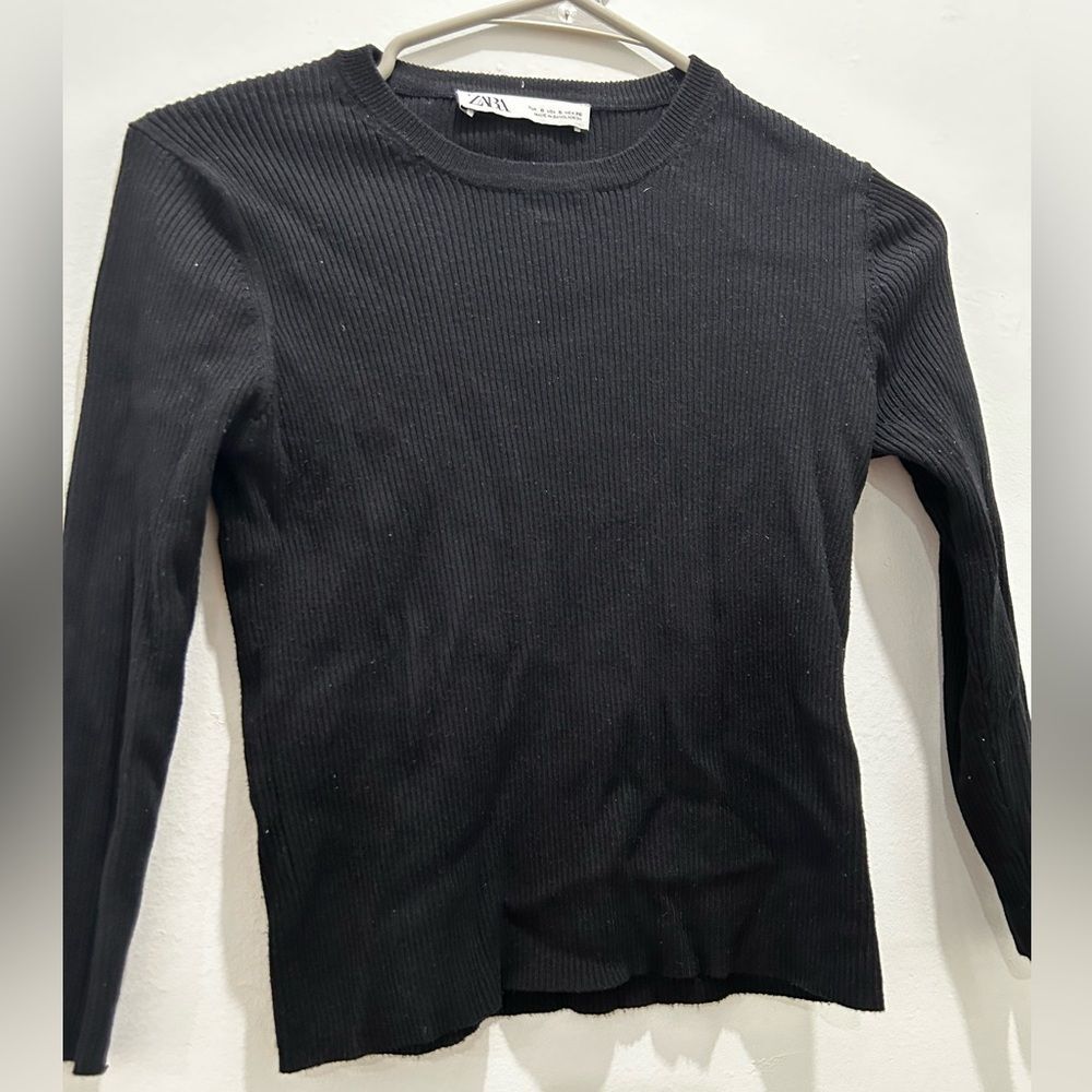 Zara Women’s Black Ribbed Cropped Crewneck Sweater Capsule
